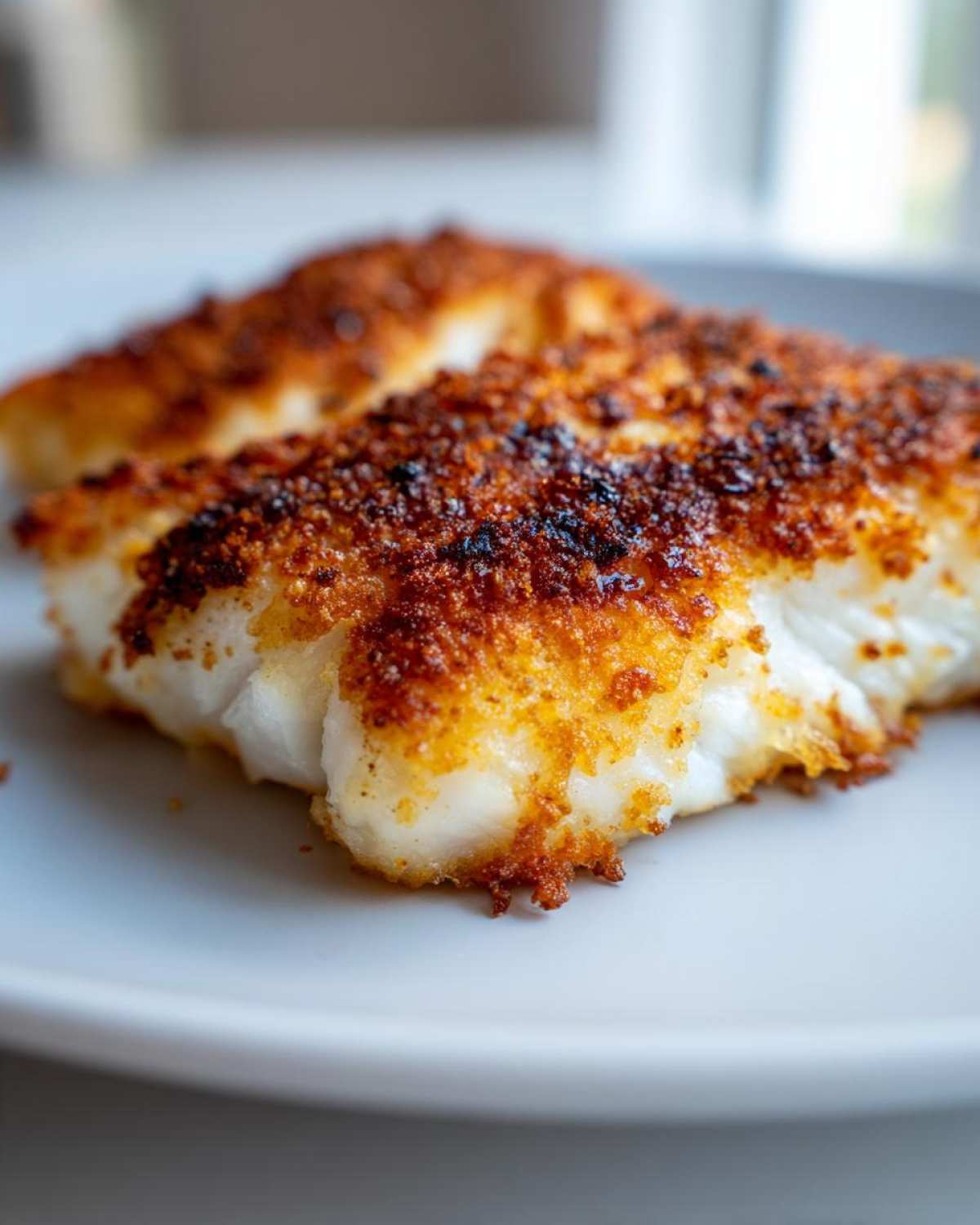 Close-up of a flaky white tilapia fillet with a dark golden, crispy Parmesan crust.