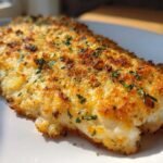 Close-up of a perfectly baked Parmesan Crusted Tilapia fillet with a golden-brown, crispy topping and fresh parsley.