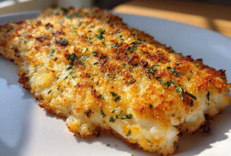 Close-up of a perfectly baked Parmesan Crusted Tilapia fillet with a golden-brown, crispy topping and fresh parsley.