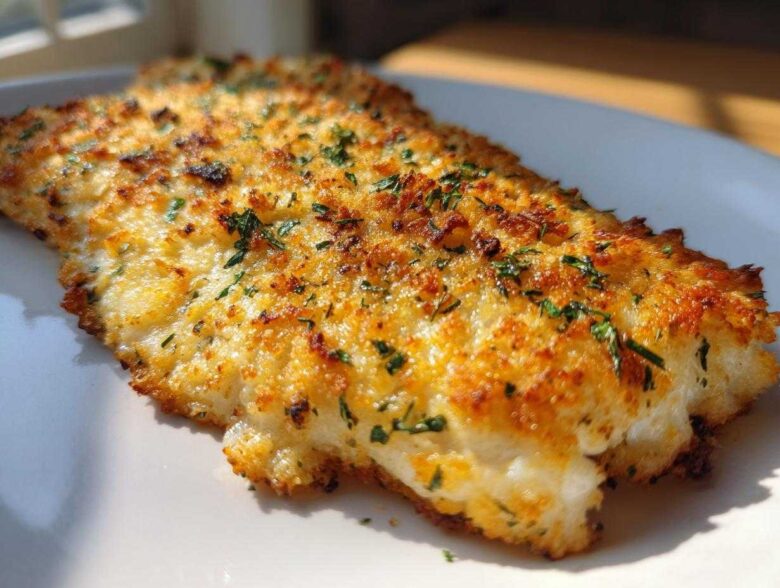 Close-up of a perfectly baked Parmesan Crusted Tilapia fillet with a golden-brown, crispy topping and fresh parsley.