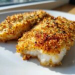 Two flaky fillets of Parmesan Crusted Tilapia with a golden, crispy topping resting on a white plate.