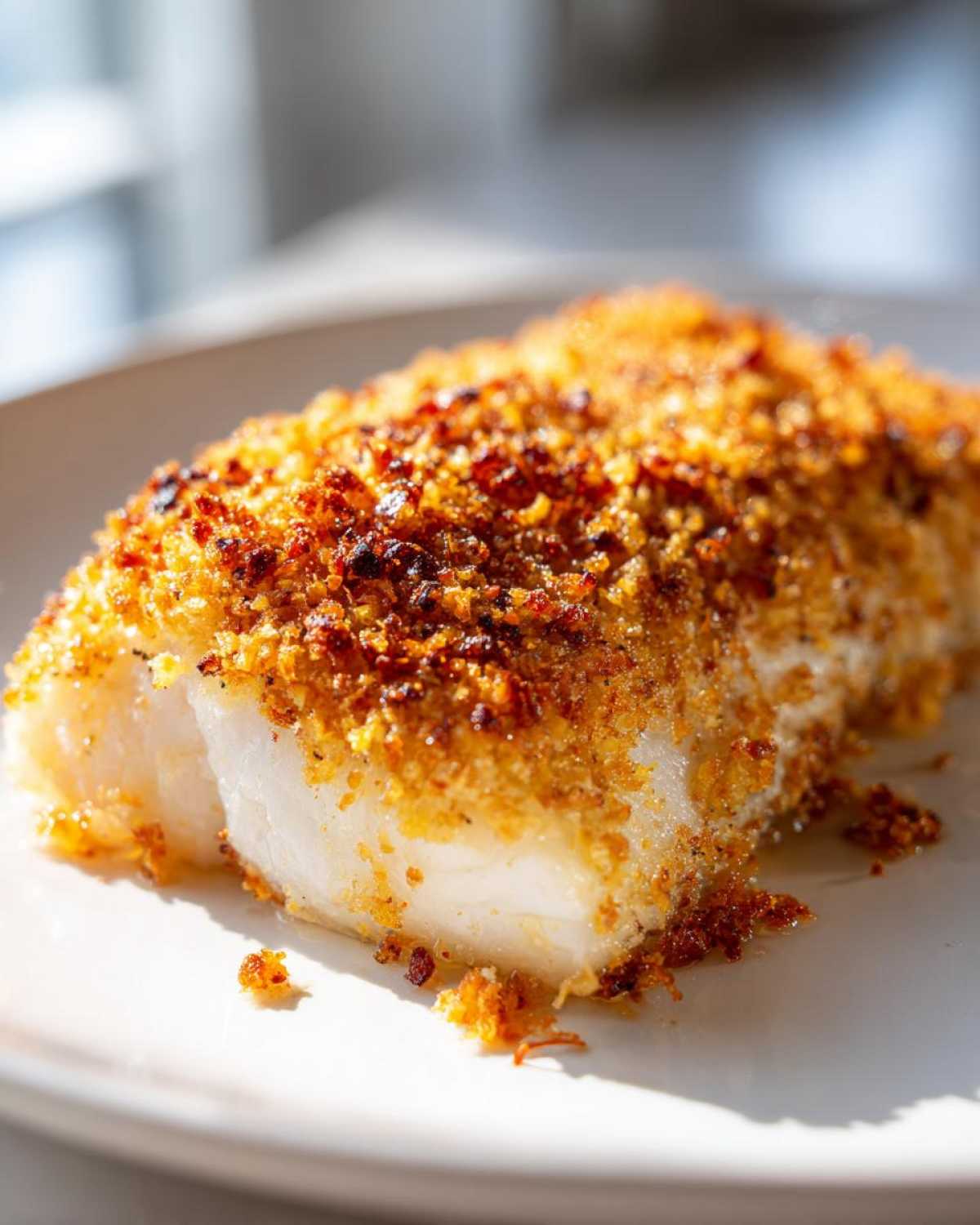 Close-up of a perfectly cooked Parmesan Crusted Tilapia fillet with a golden brown, crispy topping on a white plate.
