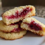 Close-up of perfect raspberry swirl shortbread cookies stacked, showing the bright red raspberry filling inside the buttery shortbread.