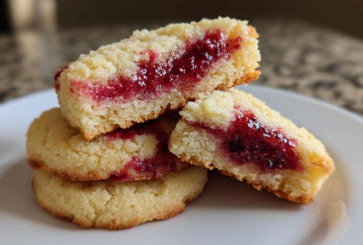 Close-up of perfect raspberry swirl shortbread cookies stacked, showing the bright red raspberry filling inside the buttery shortbread.