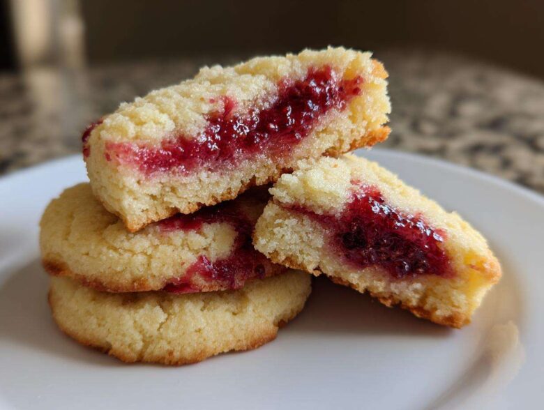 Close-up of perfect raspberry swirl shortbread cookies stacked, showing the bright red raspberry filling inside the buttery shortbread.