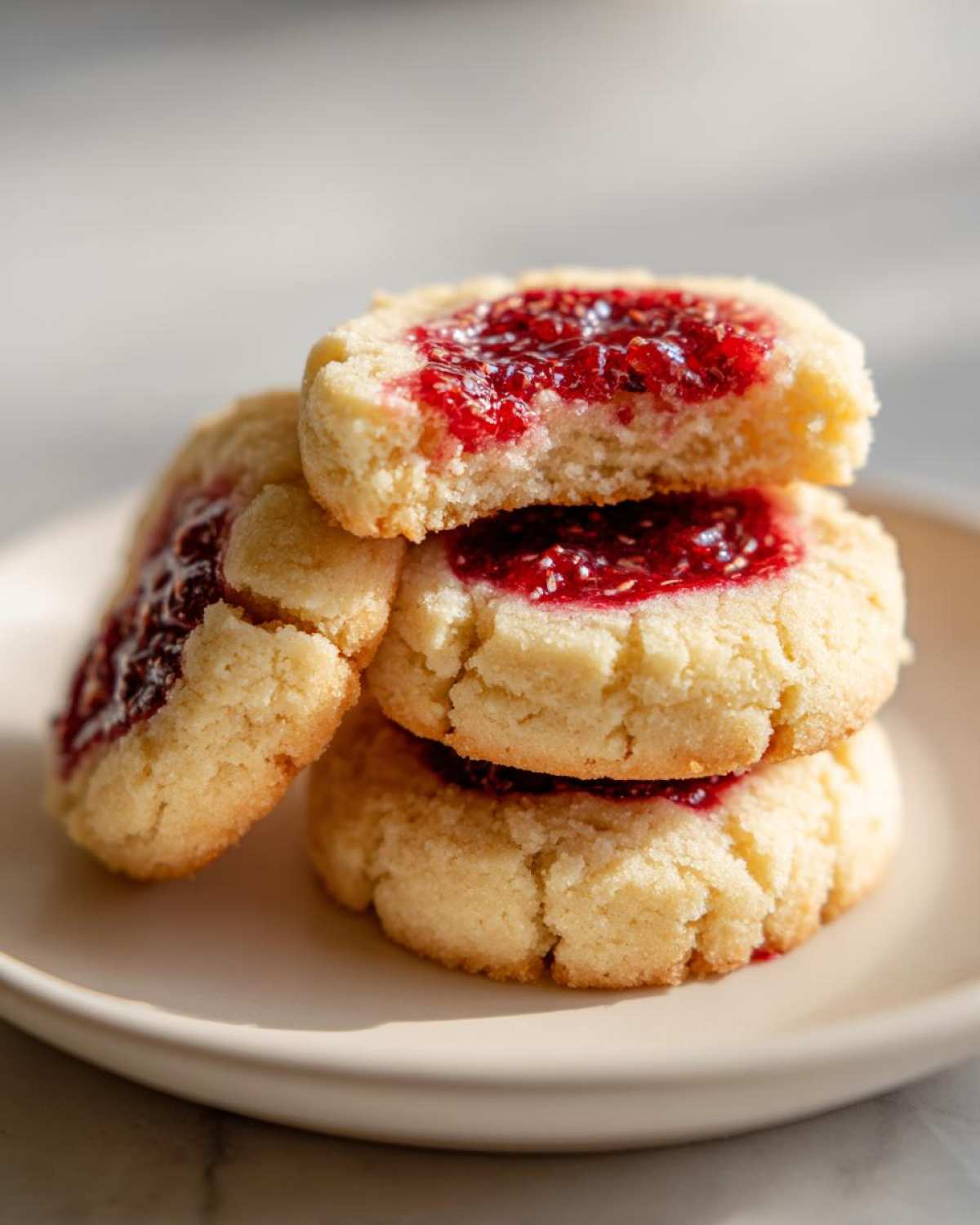 A stack of three buttery shortbread cookies filled with bright red raspberry swirl jam, perfect for How To Make Perfect Raspberry Swirl Shortbread Cookies.