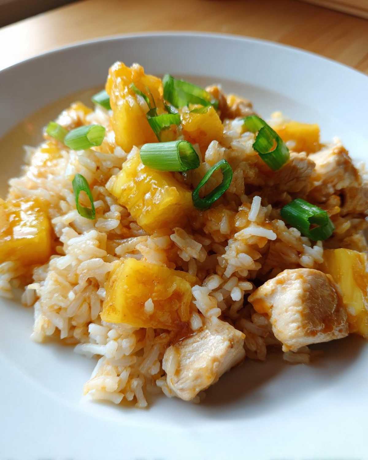 A close-up serving of Pineapple Chicken and Rice topped with bright green scallions.