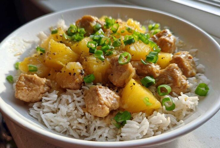 A close-up of Pineapple Chicken and Rice served over white rice, garnished with chopped green onions.