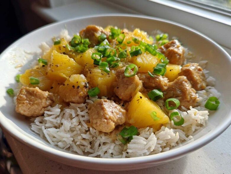 A close-up of Pineapple Chicken and Rice served over white rice, garnished with chopped green onions.