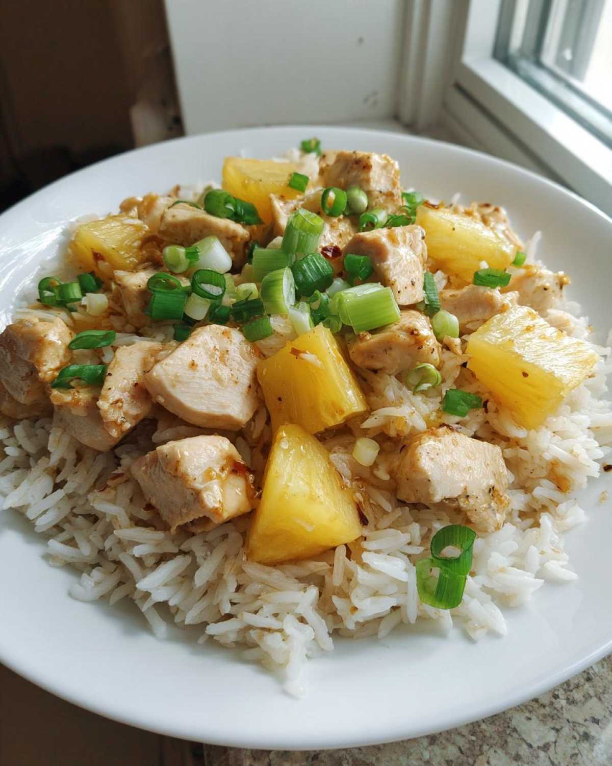 A white bowl filled with Pineapple Chicken and Rice, topped generously with chopped green onions.