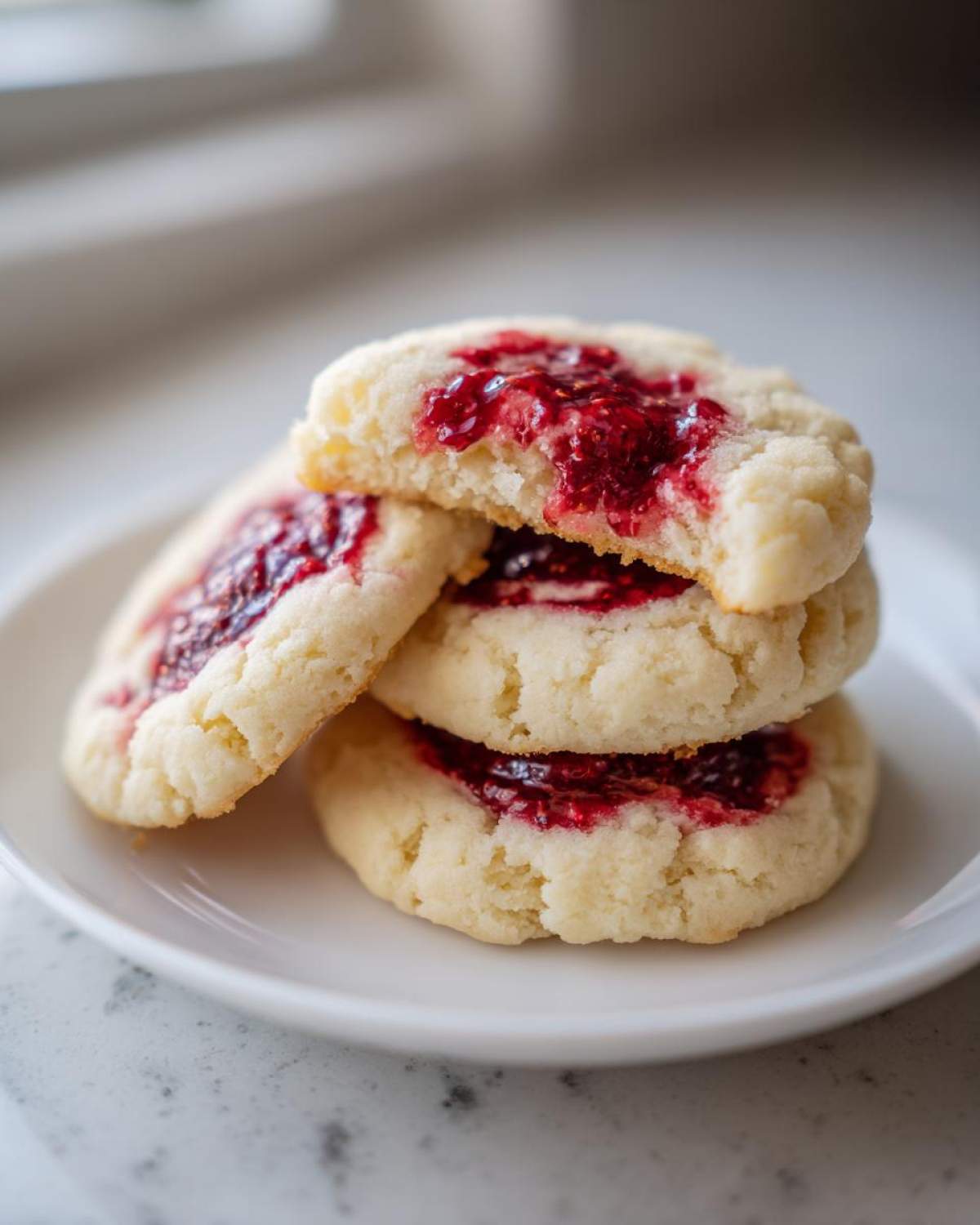 A stack of three buttery shortbread cookies topped with vibrant raspberry swirl jam, one cookie is broken open.