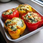 Four baked Ricotta Stuffed Peppers, two red and two yellow, topped with melted, browned cheese.