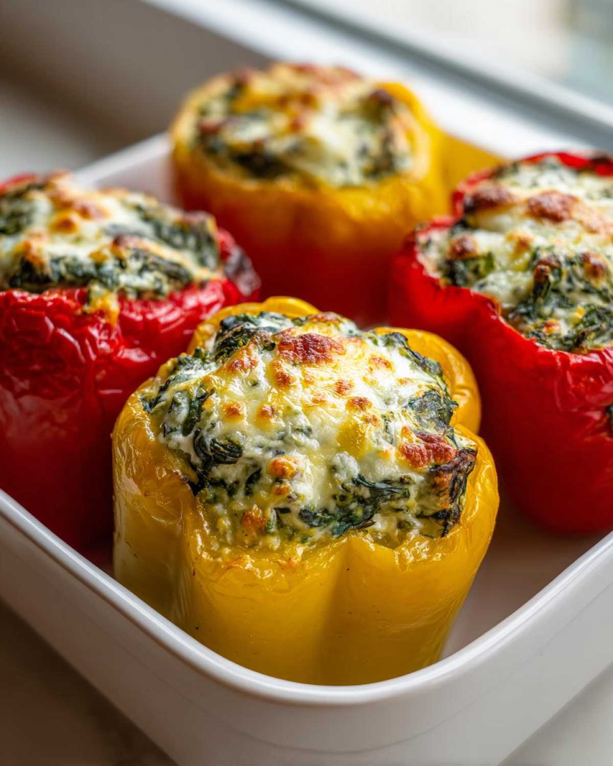 Four baked Ricotta Stuffed Peppers, red and yellow, topped with melted, browned cheese and spinach filling.