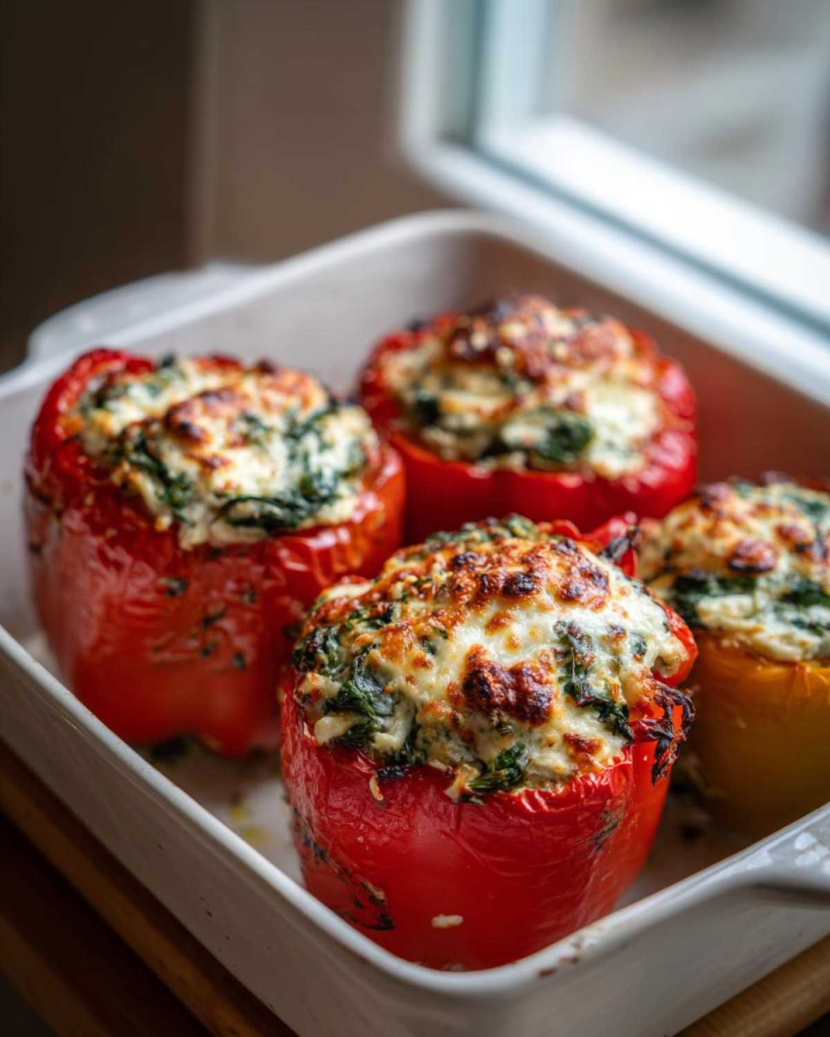 Four baked Ricotta Stuffed Peppers, topped with melted, browned cheese and spinach, resting in a white baking dish.