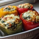 Four baked Ricotta Stuffed Peppers (red, green, yellow) topped with golden, melted cheese.