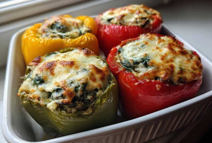 Four baked Ricotta Stuffed Peppers (red, green, yellow) topped with golden, melted cheese.