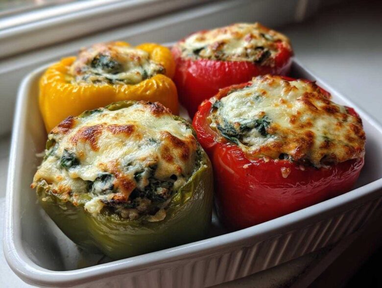 Four baked Ricotta Stuffed Peppers (red, green, yellow) topped with golden, melted cheese.