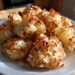 Close-up of golden brown Roasted Garlic Butter Parmesan Potatoes piled on a white plate.
