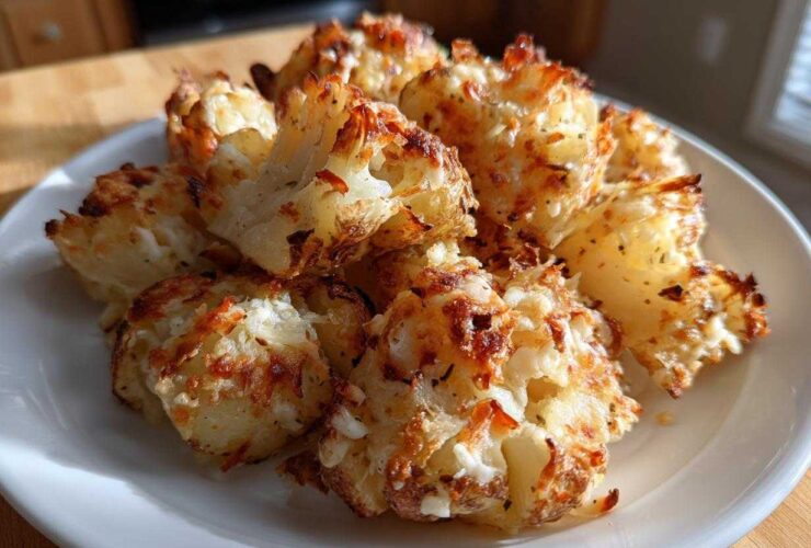 Close-up of golden brown Roasted Garlic Butter Parmesan Potatoes piled on a white plate.