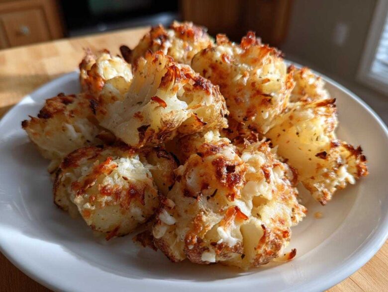 Close-up of golden brown Roasted Garlic Butter Parmesan Potatoes piled on a white plate.