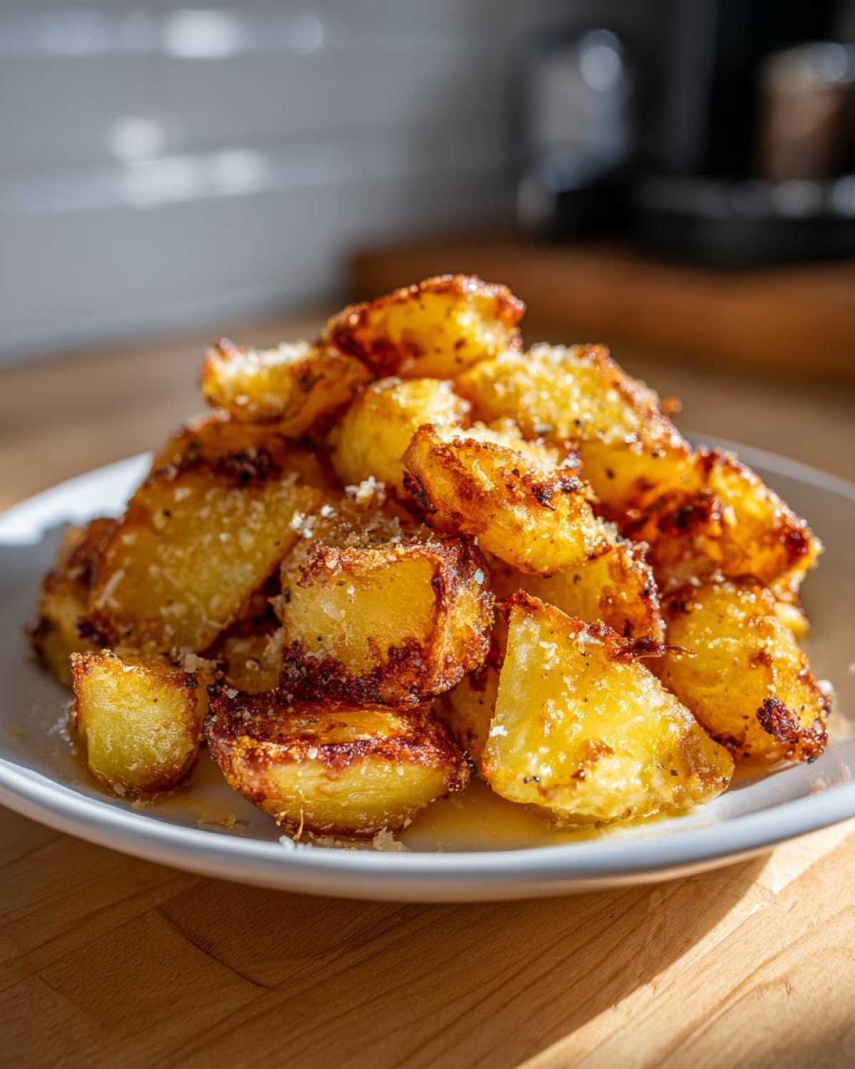 A close-up of golden, crispy Roasted Garlic Butter Parmesan Potatoes piled high on a white plate.