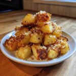 A mound of perfectly golden Roasted Garlic Butter Parmesan Potatoes topped with grated cheese on a white plate.