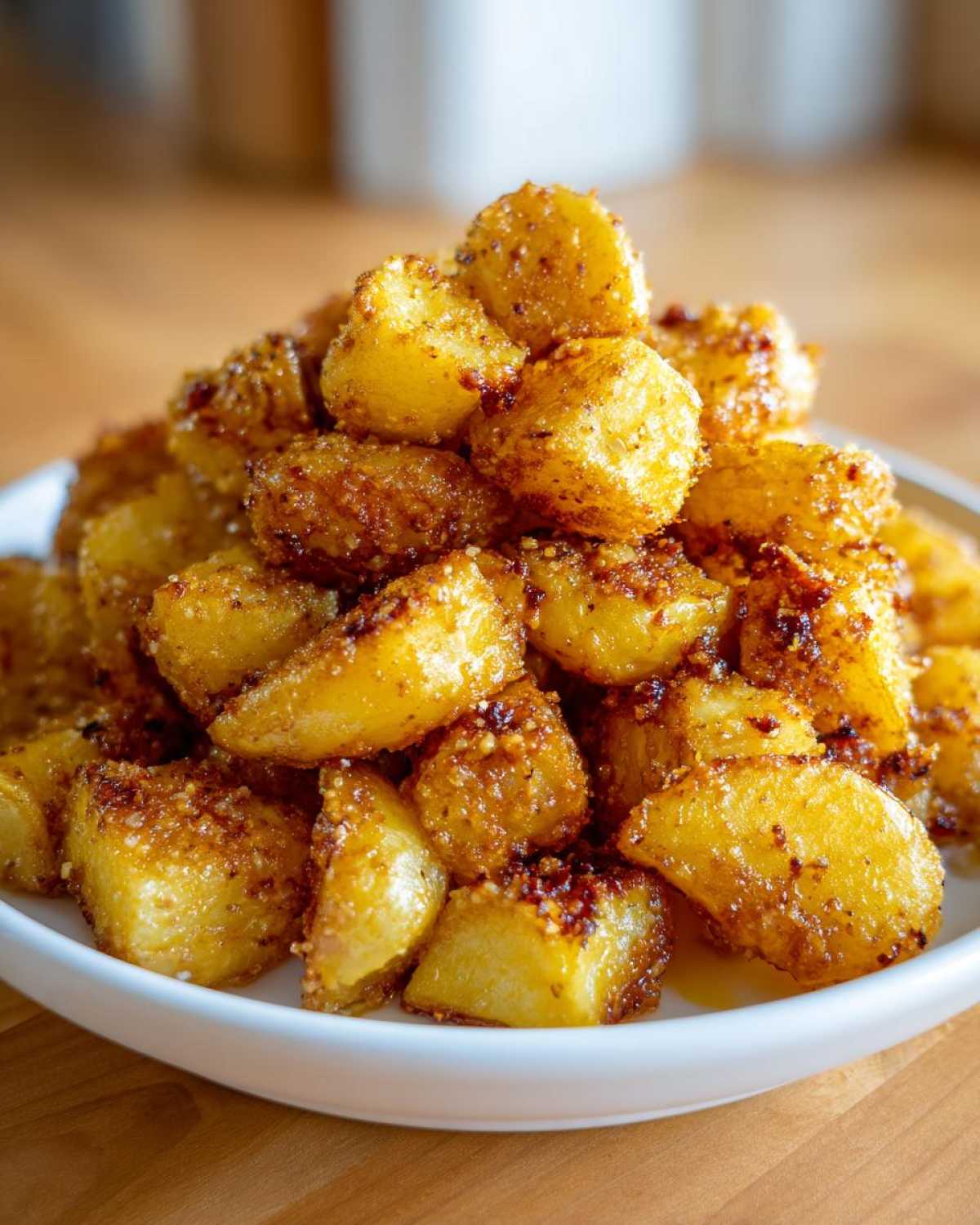 A close-up of a mound of golden Roasted Garlic Butter Parmesan Potatoes served in a white bowl.