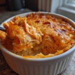 A spoonful of cheesy, shredded Buffalo Chicken Dip being lifted from a small white ramekin.