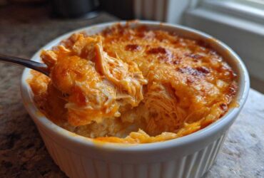 A spoonful of cheesy, shredded Buffalo Chicken Dip being lifted from a small white ramekin.