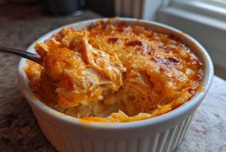 A spoonful of cheesy, shredded Buffalo Chicken Dip being lifted from a small white ramekin.