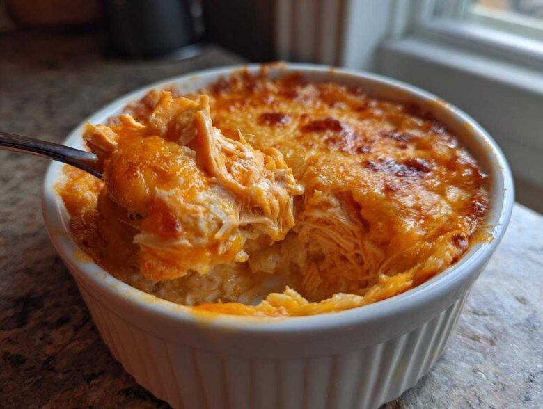 A spoonful of cheesy, shredded Buffalo Chicken Dip being lifted from a small white ramekin.