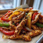 Close-up of seasoned chicken strips and colorful sliced peppers and onions from Sheet Pan Chicken Fajitas served on parchment paper.