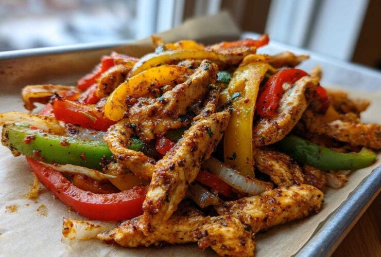 Close-up of seasoned chicken strips and colorful sliced peppers and onions from Sheet Pan Chicken Fajitas served on parchment paper.