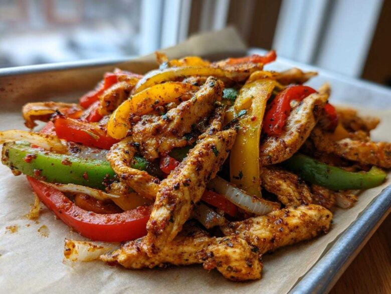 Close-up of seasoned chicken strips and colorful sliced peppers and onions from Sheet Pan Chicken Fajitas served on parchment paper.