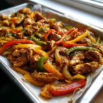 Close-up of seasoned chicken strips and colorful bell peppers and onions cooked on a sheet pan for Sheet Pan Chicken Fajitas.