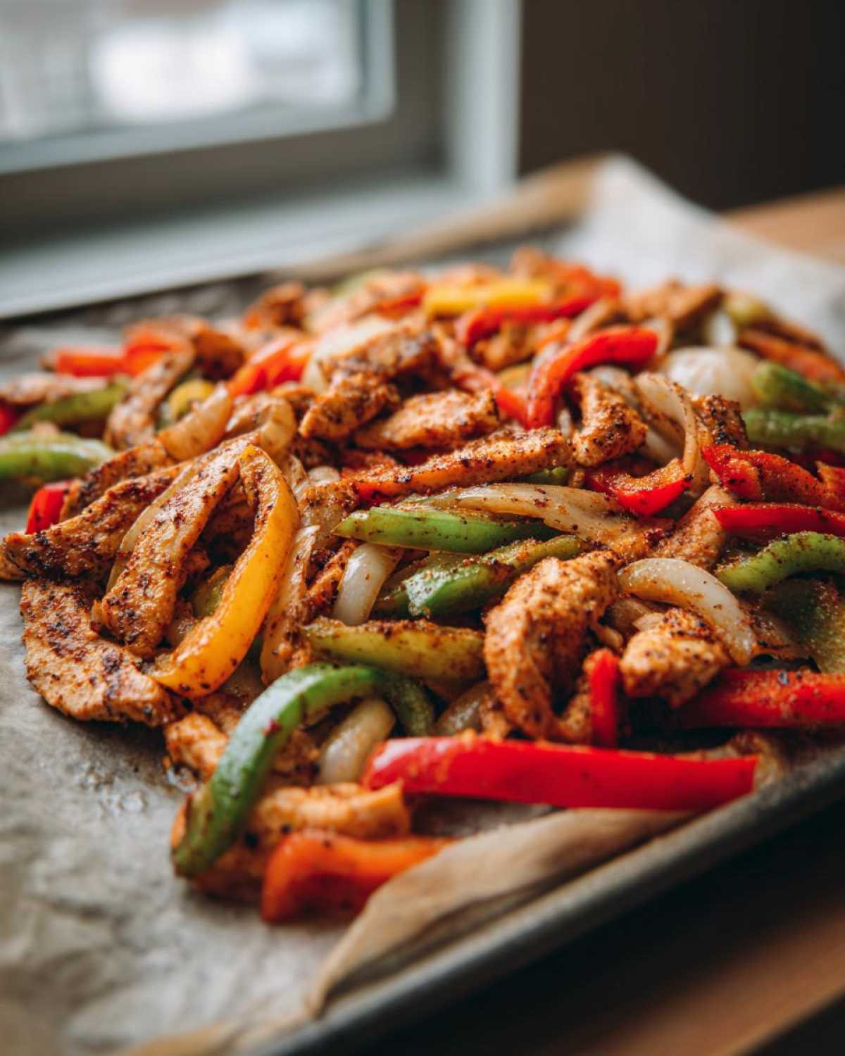 Close-up of seasoned chicken strips mixed with colorful bell peppers and onions fresh off the pan for Sheet Pan Chicken Fajitas.