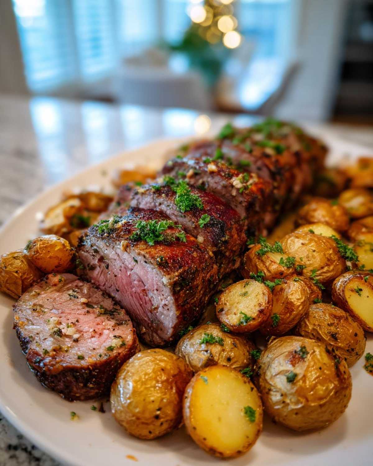 A sliced Sheet Pan Garlic Herb Pork Tenderloin served with golden roasted baby potatoes, garnished with parsley.