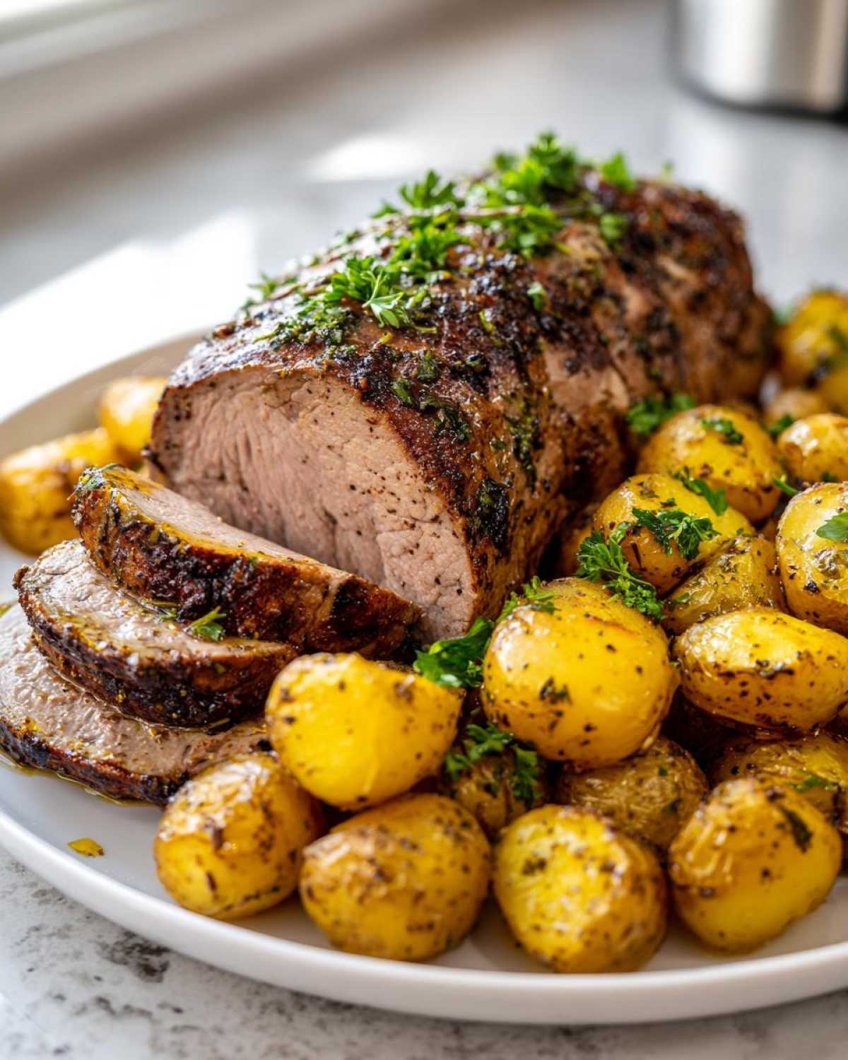 A sliced Sheet Pan Garlic Herb Pork Tenderloin surrounded by golden roasted baby potatoes, garnished with fresh parsley.