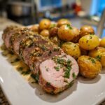 Close-up of sliced Sheet Pan Garlic Herb Pork Tenderloin next to roasted baby potatoes on a white platter.