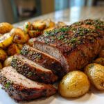 Close-up of sliced Sheet Pan Garlic Herb Pork Tenderloin surrounded by roasted baby potatoes.