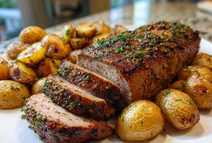 Close-up of sliced Sheet Pan Garlic Herb Pork Tenderloin surrounded by roasted baby potatoes.