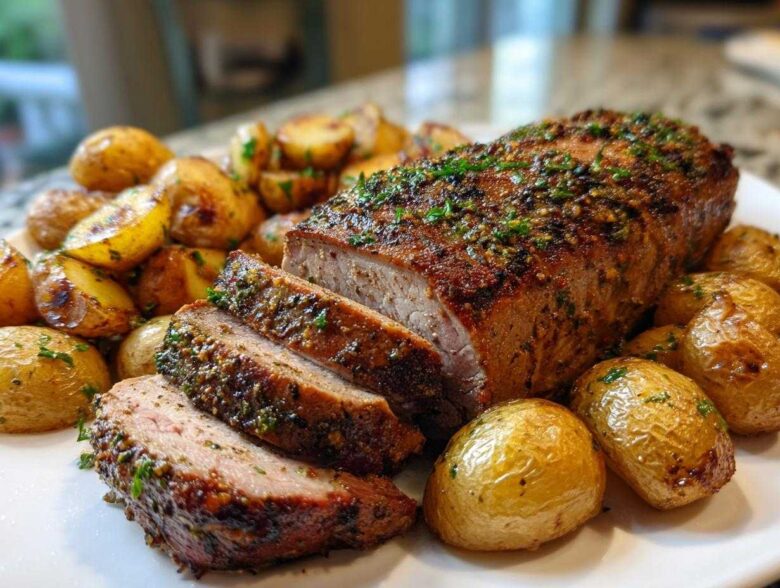 Close-up of sliced Sheet Pan Garlic Herb Pork Tenderloin surrounded by roasted baby potatoes.