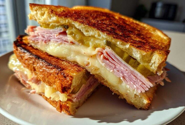Close-up of a halved Sizzling Cuban Grilled Cheese sandwich showing melted cheese, ham, and pickles on toasted bread.