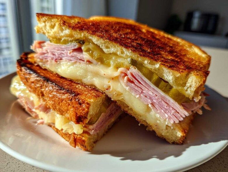 Close-up of a halved Sizzling Cuban Grilled Cheese sandwich showing melted cheese, ham, and pickles on toasted bread.