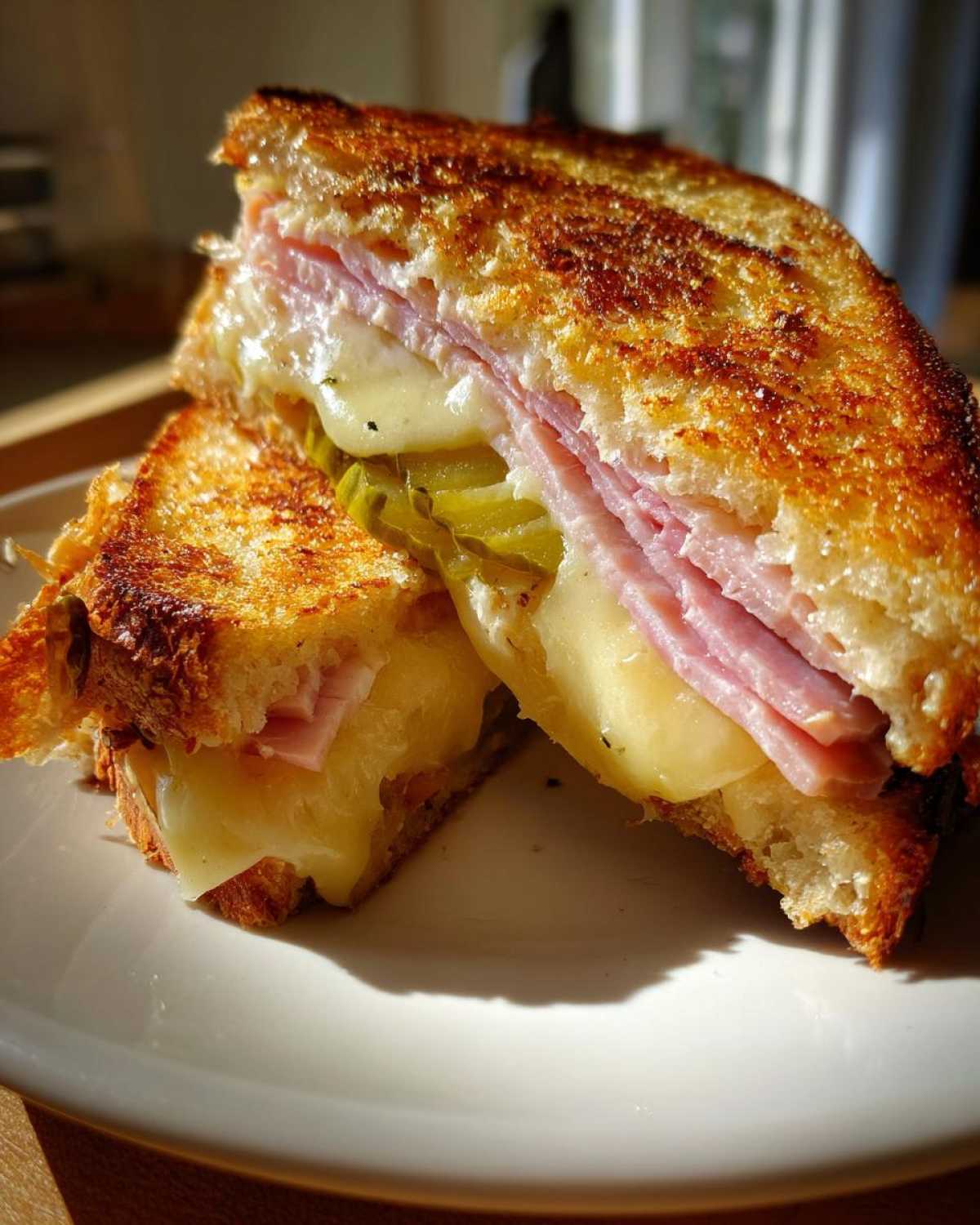 Close-up of a Sizzling Cuban Grilled Cheese cut in half, showing melted cheese, ham, and pickles.