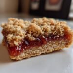 A close-up view of a single Sourdough Breakfast Oatmeal Jam Bars square showing the crumbly topping and bright red jam filling.