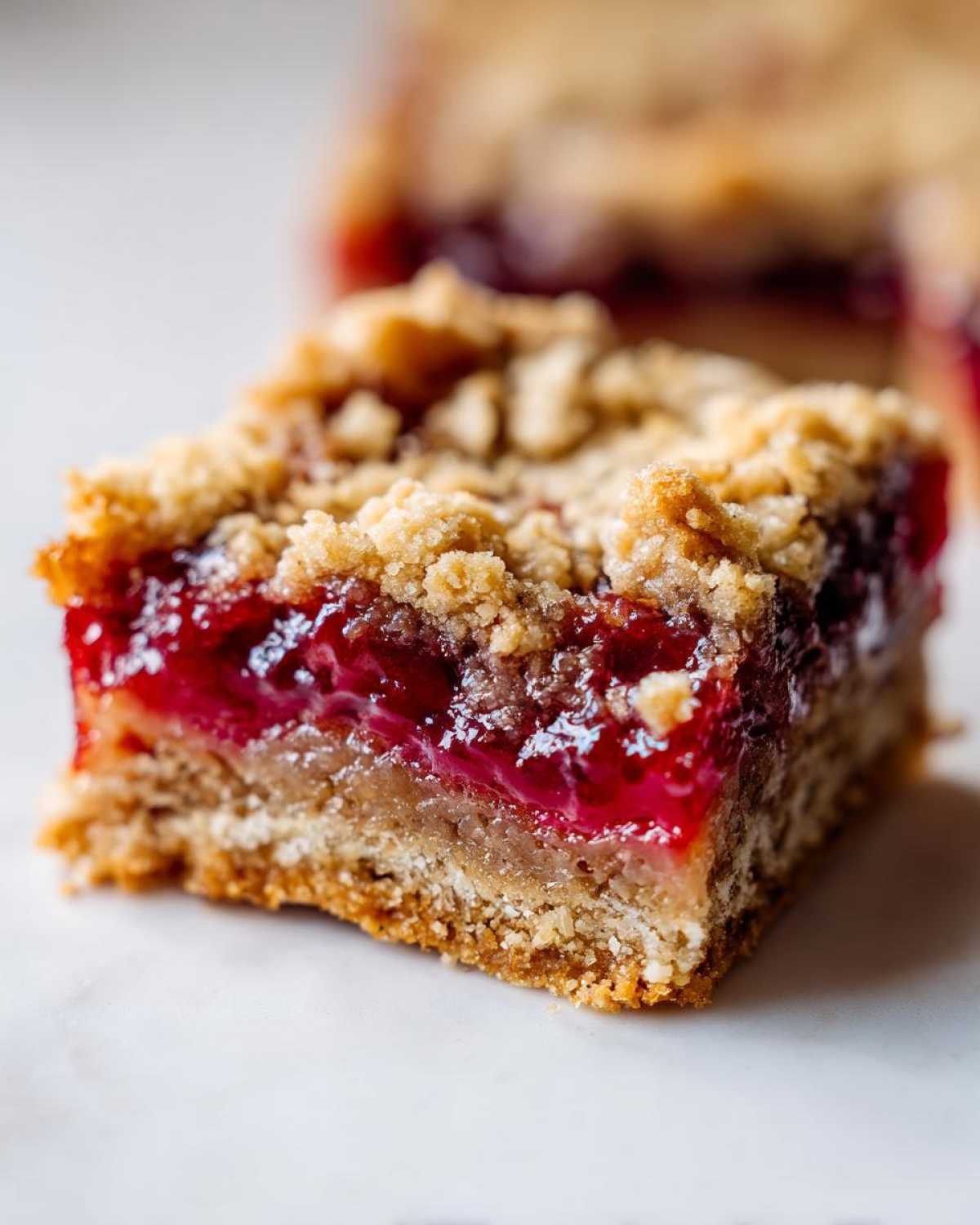 A close-up, macro shot of a single square Sourdough Breakfast Oatmeal Jam Bars showing the crumbly topping and bright red jam filling.
