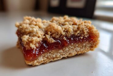 A close-up view of a single Sourdough Breakfast Oatmeal Jam Bars square showing the crumbly topping and bright red jam filling.