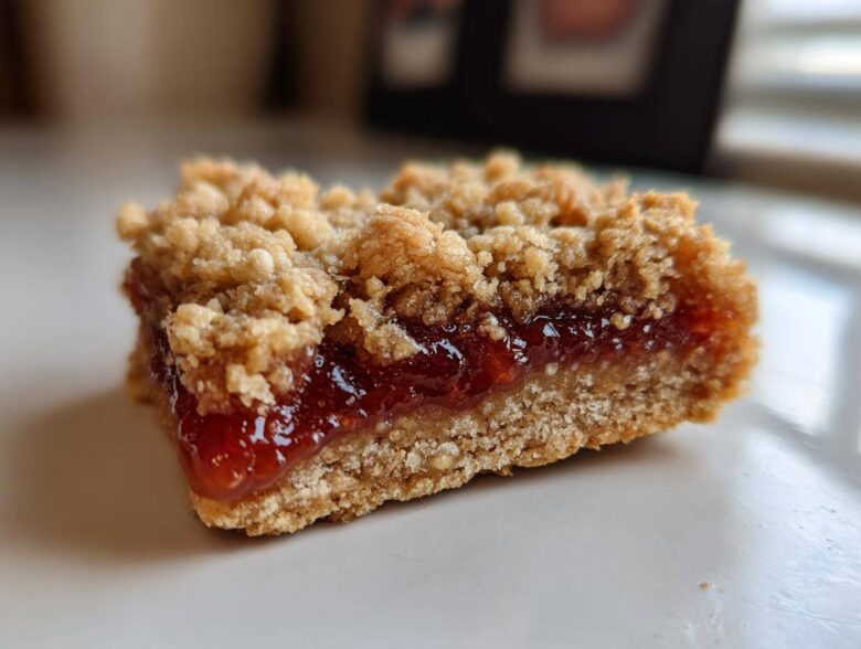 A close-up view of a single Sourdough Breakfast Oatmeal Jam Bars square showing the crumbly topping and bright red jam filling.