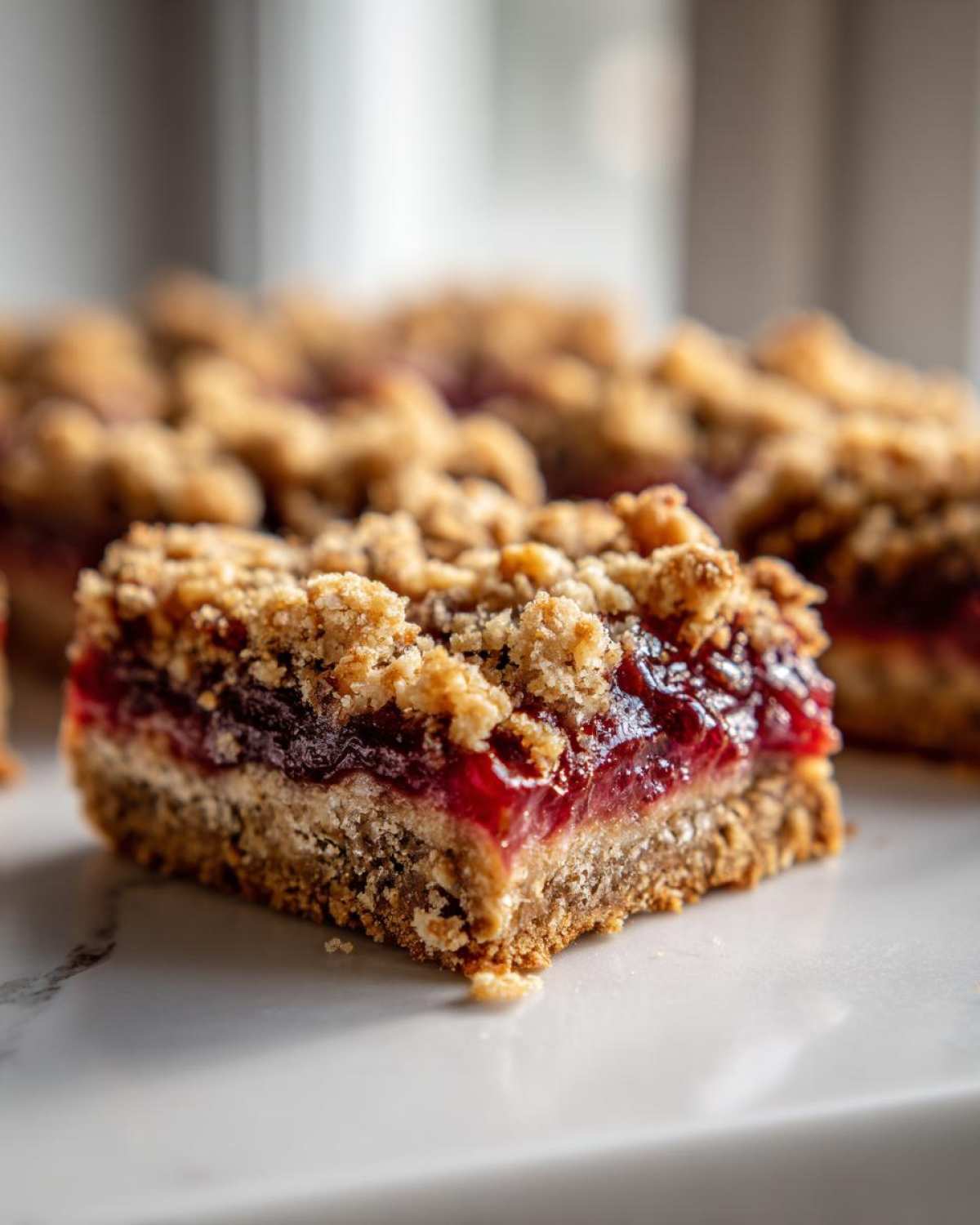 A close-up of a square Sourdough Breakfast Oatmeal Jam Bars slice showing the crumbly oat base, bright red jam filling, and streusel topping.
